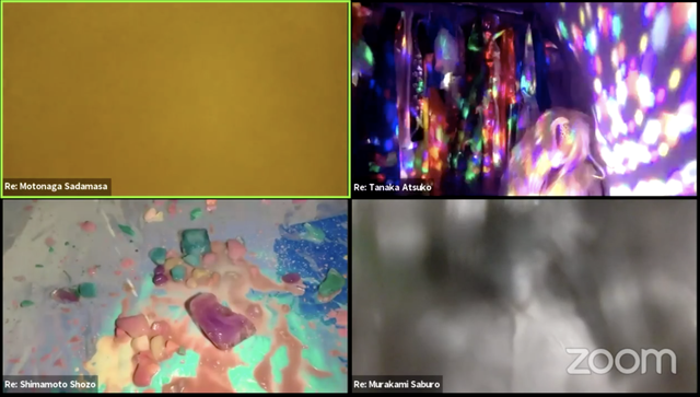 Zoom window with four screens, each screen showing different colors, objects and patterns