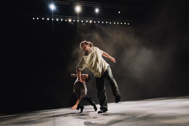 Two male dancers on stage, one of them falling, the other one holding the falling performer's head