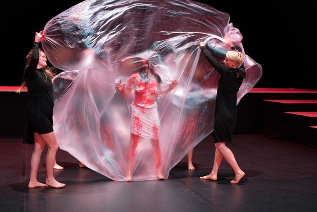 Naked performer covered in blood, being packed into plastic by other performers